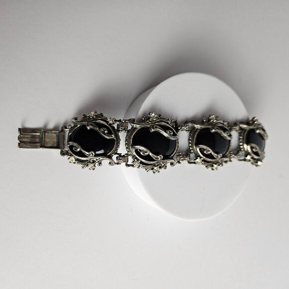 Vtg Style Gothic Faux Onyx & Rhinestone Bracelet Ornate Silver-Tone Setting, 7" - Picture 13 of 16